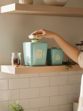 Vintage Burroughs Aqua Canisters Coffee Flour Atomic Era Film Prop Set Colorful